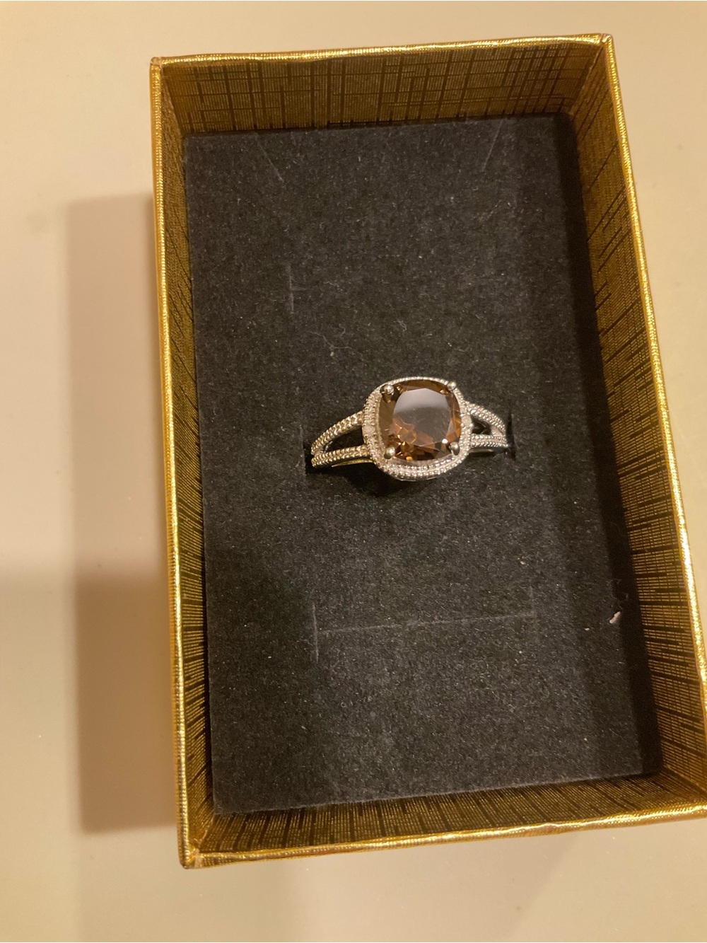 925 Sterling Silver Brown Cushion Stone Halo Ring Clear Accents